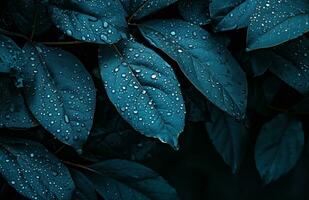 ai generiert Blau Blatt mit Regen Tröpfchen im das Hintergrund foto