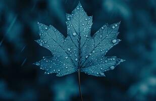 ai generiert Blau Blatt mit Regen Tröpfchen im das Hintergrund foto