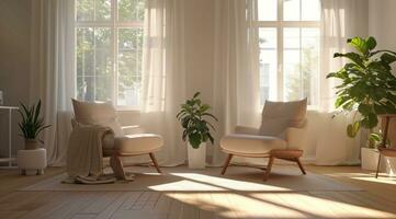 ai generiert zwei Arm Stühle im ein Weiß und Beige Leben Zimmer foto