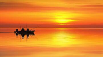 ai generiert zwei Männer Angeln auf ein Boot auf das Wasser mit Sonnenuntergang, beruhigend Symmetrie foto