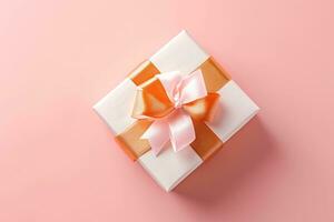 ai generiert Weiß groß Orange Geschenk Box auf Rosa Rosa Hintergrund foto