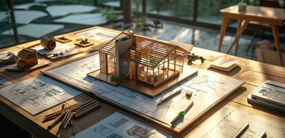 ai generiert ein Modell- Zuhause Sitzung auf ein Tabelle mit verschiedene architektonisch Zeichnungen, foto