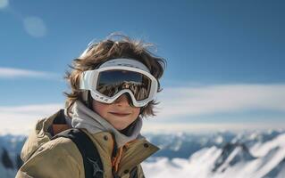 ai generiert ein Junge Skifahren im das Berge mit seine Ausrüstung auf foto