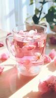 ai generiert ein alt gestaltet Tasse mit Rosa Rose Blütenblätter foto