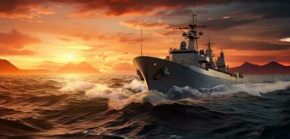 ai generiert ein Militär- Schiff Reisen auf das Wasser beim Sonnenuntergang foto