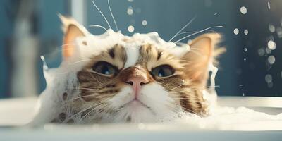ai generiert ein Katze Sein gebadet mit Seife foto