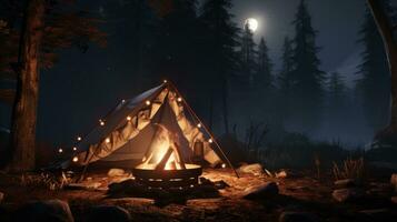 ai generiert ein glühend Zelt ist einstellen oben im das Wald beim Nacht mit ein Eisen Ring foto