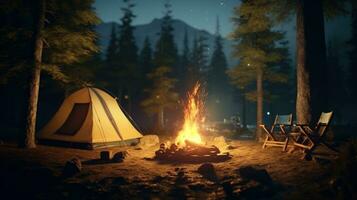 ai generiert ein Zelt und Zelte sind einstellen oben beim ein draussen Campingplatz um das Lagerfeuer foto