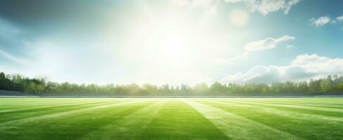 ai generiert Grün Fußball Feld mit Sonne leuchtenden durch auf Gelb Gras foto