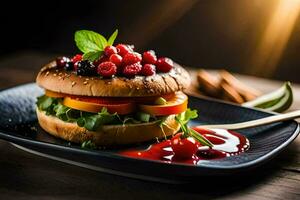 ein Hamburger mit Beeren und Tomaten auf ein schwarz Platte. KI-generiert foto