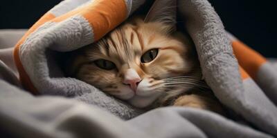 ai generiert Katze Verlegung Nieder im ein Decke auf ein grau Hintergrund mit Pfoten verlängert foto