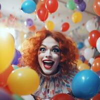 ai generiert Clown im ein Party mit Luftballons foto