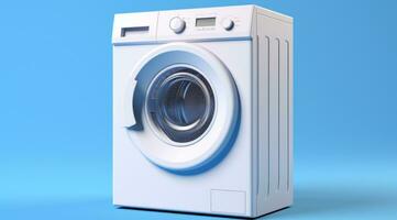 ai generiert ein Weiß Waschen Maschine ist gezeigt auf ein Blau Hintergrund foto