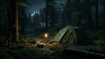 ai generiert Camping, einsam Zelt im das Wald beim Nachtstock foto