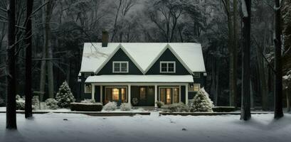 ai generiert ein Winter Szene mit ein Weiß Zuhause foto