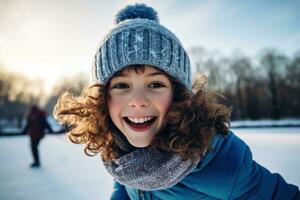 ai generiert ein jung Mädchen ist hysterisch und genießen Sie selber auf Eis Eisbahn mit ihr Familie foto