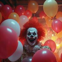 ai generiert Clown im ein Party mit Luftballons foto