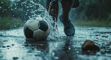 ai generiert Athlet spielen Fußball mit Wasser auf ein Ball foto