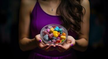ai generiert jung Frau halten bunt Süßigkeiten im ihr Hände foto