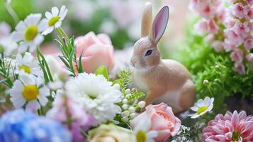 ai generiert bezaubernd Hase Figuren inmitten frisch Frühling Blume Vereinbarungen foto
