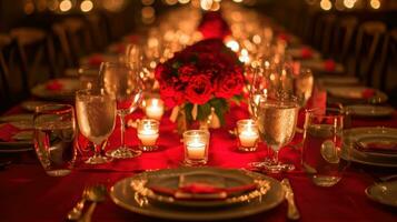 ai generiert rot Bettwäsche, elegant Essgeschirr, und romantisch Kerzenlicht foto