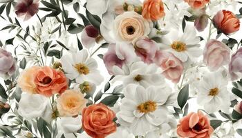 ai generiert ein Blumen- Muster mit Weiss, Rosa und Orange Blumen foto