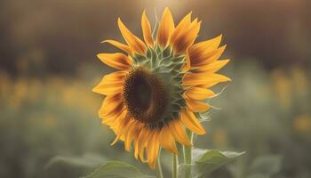ai generiert ein Sonnenblume ist Stehen im ein Feld mit ein verschwommen Hintergrund foto