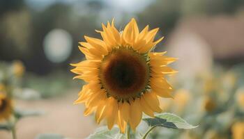 ai generiert ein Sonnenblume ist im ein Feld mit ein verschwommen Hintergrund foto