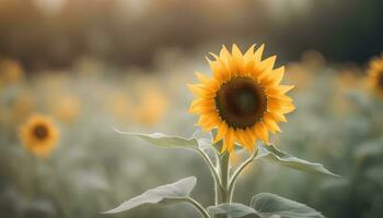 ai generiert ein Sonnenblume ist Stehen im ein Feld mit ein verschwommen Hintergrund foto