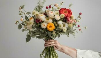 ai generiert ein Frau halten ein Strauß von Blumen foto