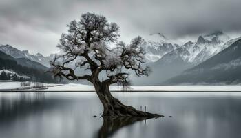 ai generiert ein einsam Baum im das Mitte von ein See foto