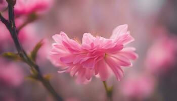 ai generiert Rosa Blumen auf ein Ast im ein verschwommen Hintergrund foto