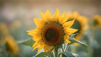 ai generiert ein Sonnenblume ist gezeigt im ein Feld mit verschwommen Hintergrund foto