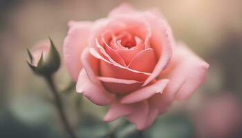 ai generiert ein schließen oben von ein Rosa Rose mit verschwommen Hintergrund foto
