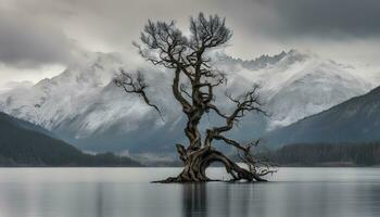 ai generiert ein einsam Baum steht im das Mitte von ein See foto