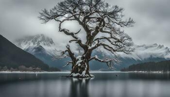 ai generiert ein einsam Baum steht im das Mitte von ein See foto