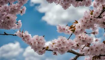 ai generiert Kirsche Blüten auf ein Baum im Vorderseite von ein Blau Himmel foto