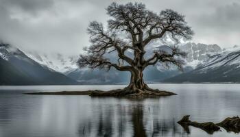 ai generiert ein einsam Baum steht auf das Ufer von ein See foto