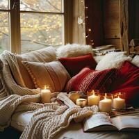 ai generiert gemütlich Decken, rot Kissen, und Kerzenlicht glühen foto