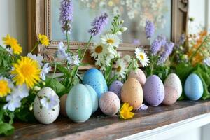 ai generiert bunt Eier und Frühling Blumen Rahmen Kamin foto