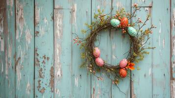 ai generiert rustikal Ostern Ei Kranz hängend auf Jahrgang betrübt hölzern Tür foto