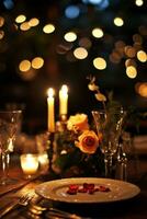 ai generiert Kerzenlicht Abendessen mit Rosen, Herzen, und Sanft Texturen foto