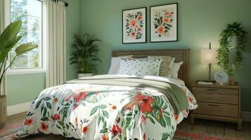 ai generiert ein Schlafzimmer umgewandelt in ein Frühling Garten Oase mit botanisch bedruckt Bettwäsche foto