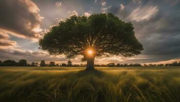 ai generiert ein Baum im ein Feld mit das Sonne Rahmen hinter es foto