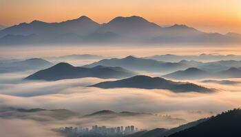 ai generiert das Sonne steigt an Über das Berge und Nebel foto