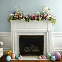 ai generiert bunt Eier und Frühling Blumen Rahmen Kamin foto