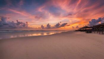 ai generiert ein schön Sonnenuntergang auf das Strand mit ein Hütte und Sand foto
