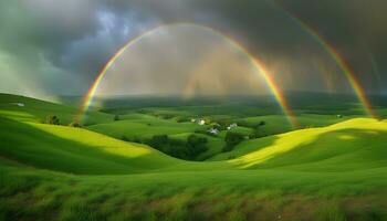 ai generiert Regenbogen Über Grün Hügel mit Häuser im das Entfernung foto