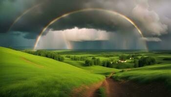 ai generiert Regenbogen Über das Grün Hügel foto