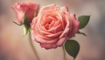 ai generiert zwei Rosa Rosen sind gezeigt im Vorderseite von ein verschwommen Hintergrund foto